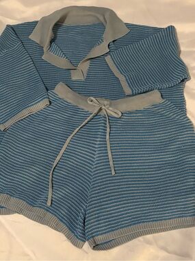 Light Blue Striped Knit Shorts Set